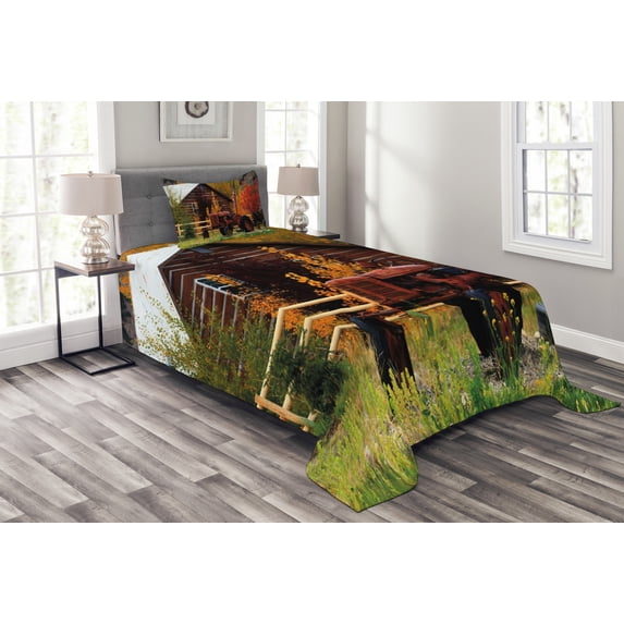 Ambesonne Fall Quilted Bedspread Set 2 Pcs, Rustic Cabin with Tractor, Twin Size, Multicolor