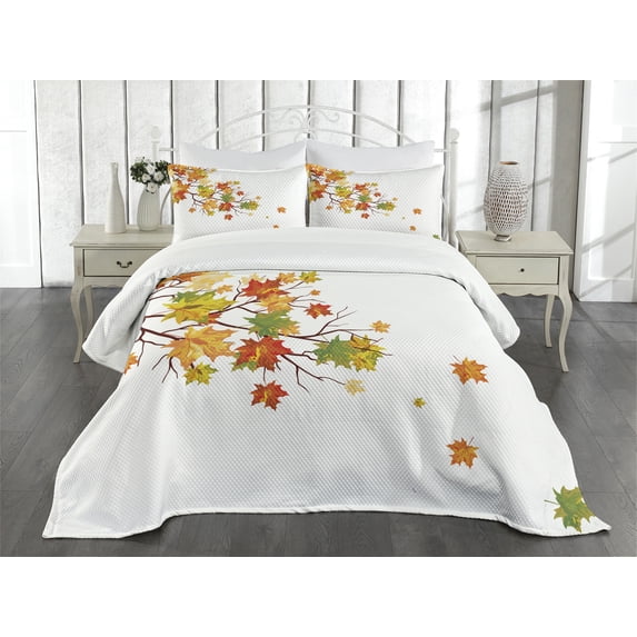 Ambesonne Fall Quilted Bedspread Set 3 Pcs, Autumn Foliage Maple Leaf, King Size, Yellow Orange