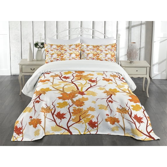 Ambesonne Fall Quilted Bedspread Set 3 Pcs, Autumn Season Elements Nature, King Size, Yellow Orange