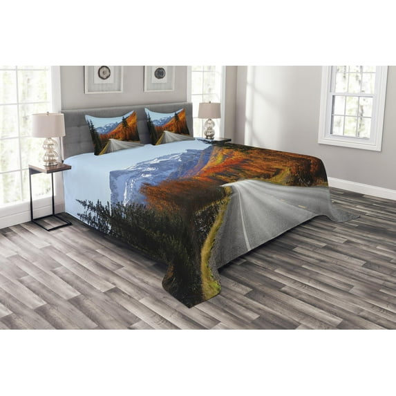 Ambesonne Fall Quilted Bedspread Set 3 Pcs, Highway Countryside Travel, Queen Size, Multicolor