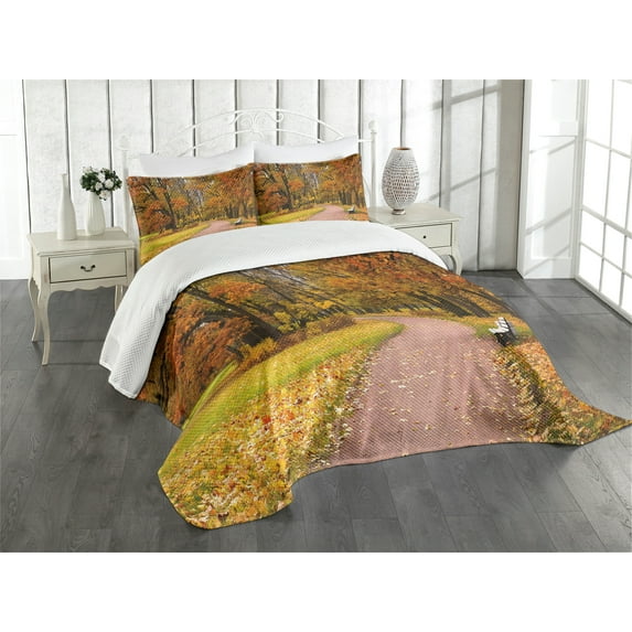 Ambesonne Fall Quilted Bedspread Set 3 Pcs, Idyllic Rural Park Woods, King Size, Multicolor