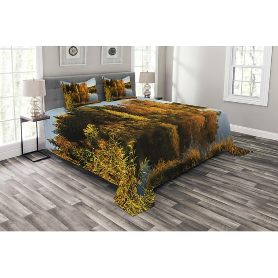 Ambesonne Fall Quilted Bedspread Set 3 Pcs, Lake Woodland at Sunset, King Size, Multicolor