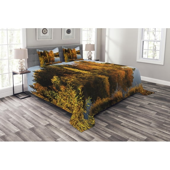 Ambesonne Fall Quilted Bedspread Set 3 Pcs, Lake Woodland at Sunset, Queen Size, Multicolor