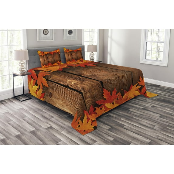 Ambesonne Fall Quilted Bedspread Set 3 Pcs, Leaves on the Wooden Board, Queen Size, Brown Orange
