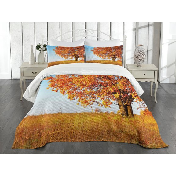 Ambesonne Fall Quilted Bedspread Set 3 Pcs, Lonely and Oak, King Size, Orange Yellow Pale Blue