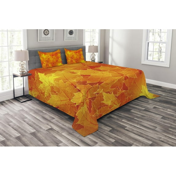 Ambesonne Fall Quilted Bedspread Set 3 Pcs, Maple Botany Foliage Leaf, King Size, Orange Yellow