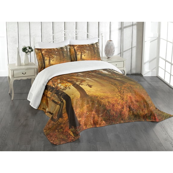 Ambesonne Fall Quilted Bedspread Set 3 Pcs, Misty Autumnal Forest, Queen Size, Orange Brown Green