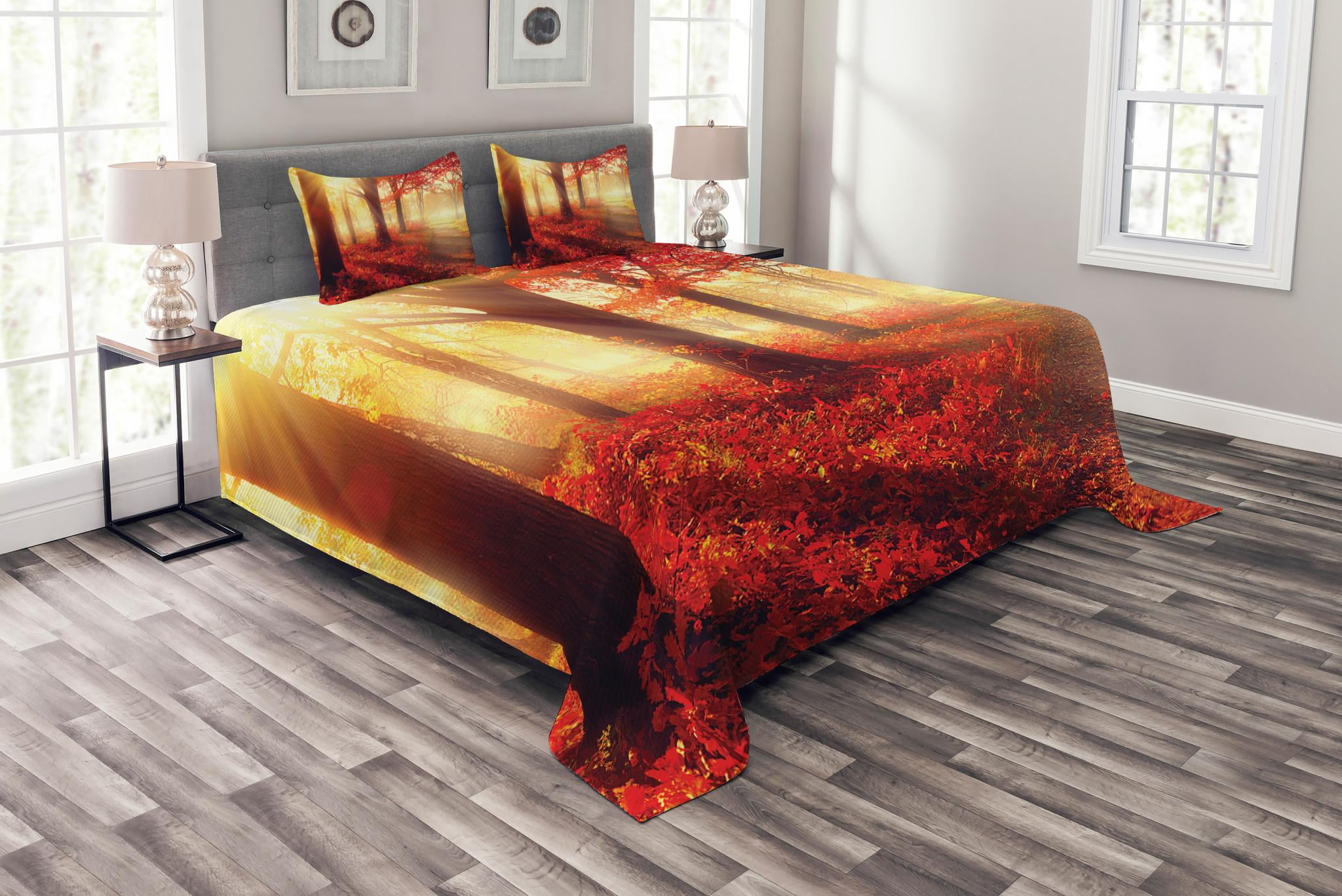 Ambesonne Fall Bedspread, Image of Canadian Maple Tree Leaves in Autumn Season Soft Reflection Effects, Decorative Quilted 3 Piece Coverlet Se並行輸入 Ambesonne Fall Quilted Bedspread Set 3 Pcs, Autumn Season Elements