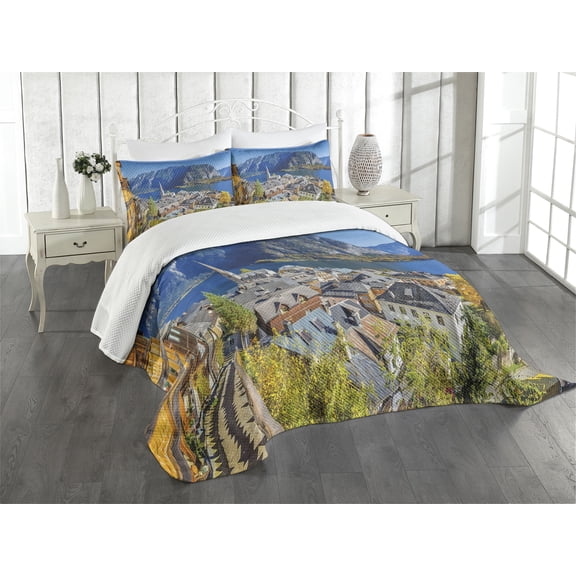 Ambesonne Fall Quilted Bedspread Set 3 Pcs, Mountain Village Austria, Queen Size, Multicolor