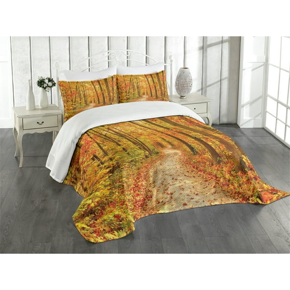 Ambesonne Fall Quilted Bedspread Set 3 Pcs, Pathway in the Wilderness, King Size, Orange Pale Green Brown