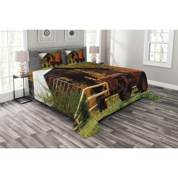 Ambesonne Fall Quilted Bedspread Set 3 Pcs, Rustic Cabin with Tractor, King Size, Multicolor
