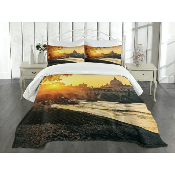 Ambesonne Fall Quilted Bedspread Set 3 Pcs, Sunset Tiber River Rome, Queen Size, Marigold Yellow Black