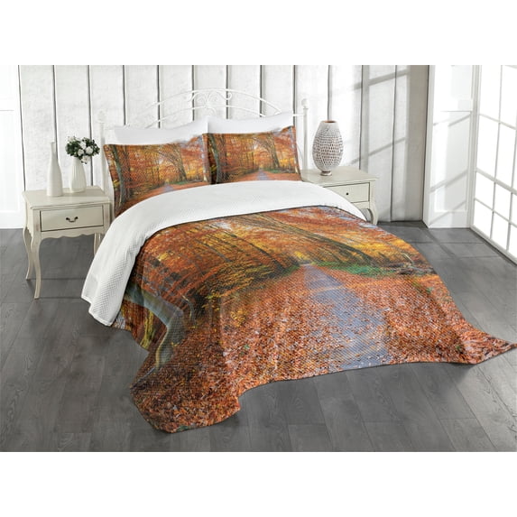Ambesonne Fall Quilted Bedspread Set 3 Pcs, Vibrant Trees Pathway, Queen Size, Orange Yellow Green