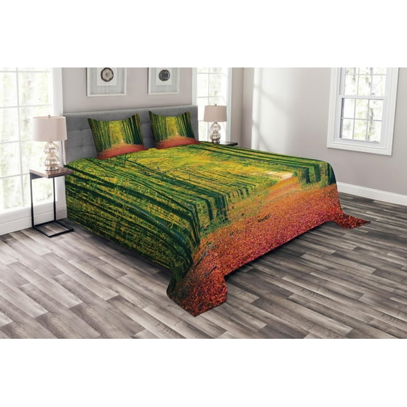 Ambesonne Fall Quilted Bedspread Set 3 Pcs, Warm Autumn Dramatic Road, Queen Size, Green
