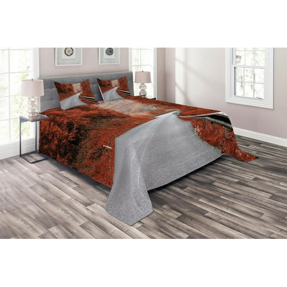 Ambesonne Fall Quilted Coverlet 3 Pcs, Dreamy Road Travel Theme, Queen Size, Orange Pale Grey