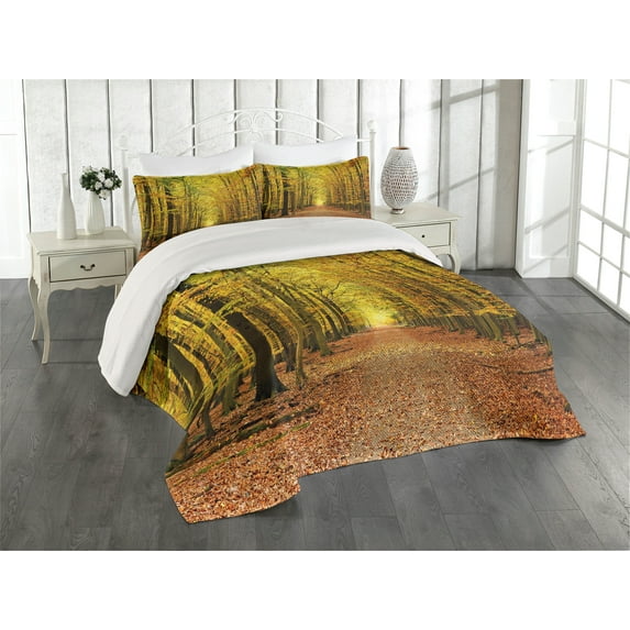 Ambesonne Fall Quilted Coverlet 3 Pcs, Pathway into the Forest, King Size, Yellow Brown