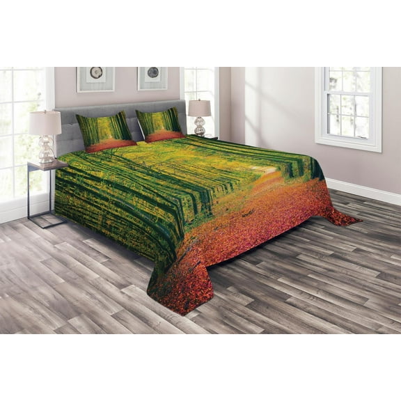 Ambesonne Fall Quilted Coverlet 3 Pcs, Warm Autumn Dramatic Road, Queen Size, Green