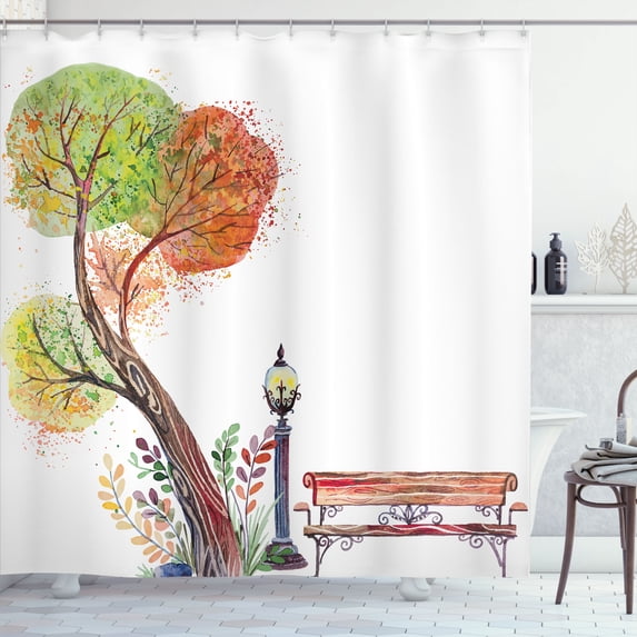 Ambesonne Fall Shower Curtain, Autumn Day in Park Vintage, 69"Wx84"L, Green Brown