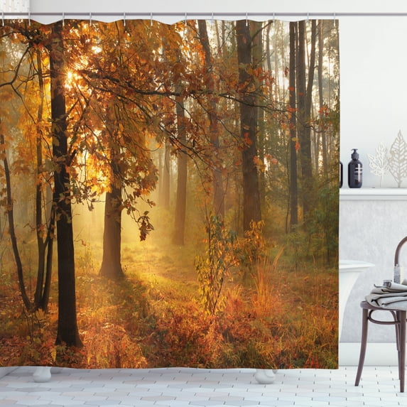 Ambesonne Fall Shower Curtain, Misty Autumnal Forest, 69"Wx75"L, Orange Brown Green