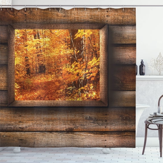 Ambesonne Fall Shower Curtain, View from Rustic Cottage, 69"Wx84"L, Orange Brown