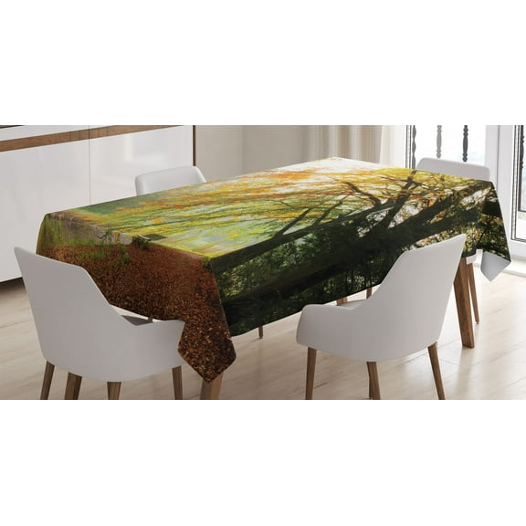 Ambesonne Fall Tablecloth Rectangular Table Cover, Autumn Forest Peace View, 60"x84", Orange Green