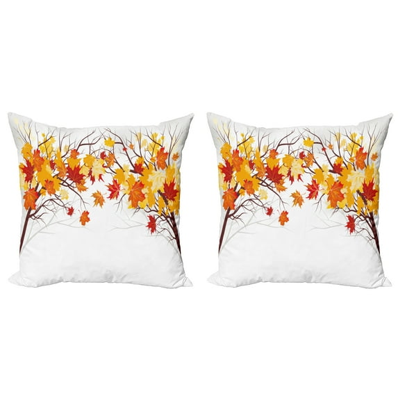 Ambesonne Fall Throw Pillow Cover 2 Pack, Cartoon Maple Autumn Tree, 16", Orange White