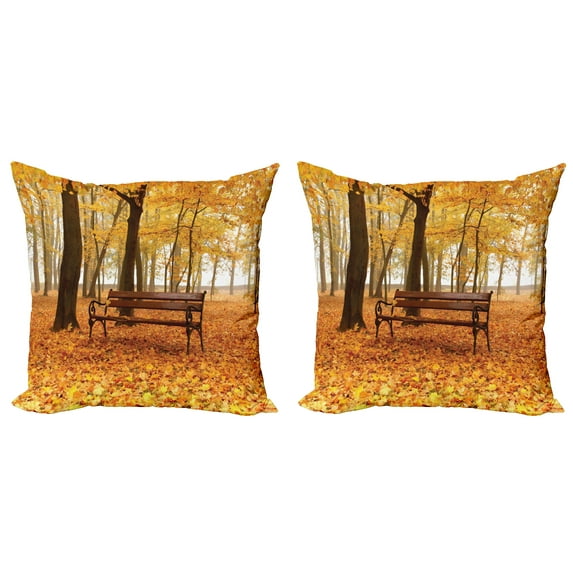 Ambesonne Fall Throw Pillow Cover 2 Pack, Misty Autumn Park Rustic, 18", Orange Brown