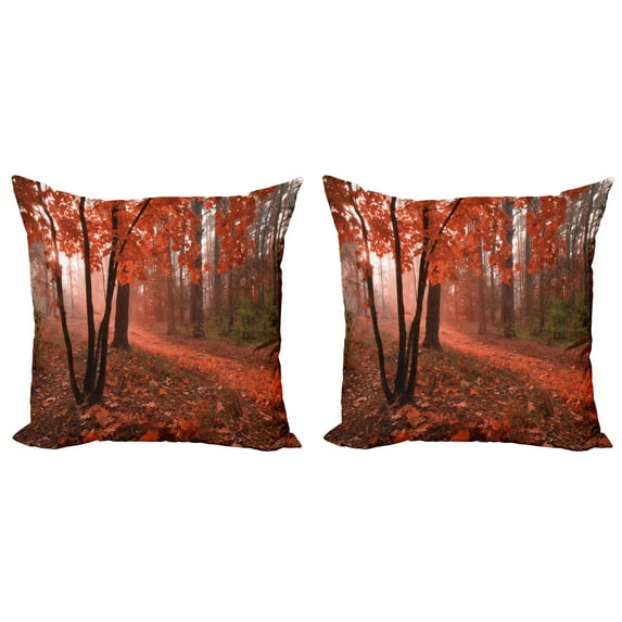 Ambesonne Fall Throw Pillow Cover 2 Pack, Misty Forest Leaves Orange, 20", Brown Orange
