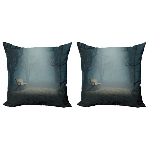 Ambesonne Fall Throw Pillow Cover 2 Pack, Mysterious Park Horror, 16", Blue Cream