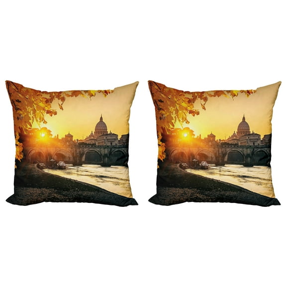 Ambesonne Fall Throw Pillow Cover 2 Pack, Sunset Tiber River Rome, 24", Marigold Yellow Black