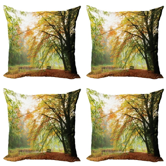 Ambesonne Fall Throw Pillow Cover 4 Pack, Autumn Forest Peace View, 16", Orange Green