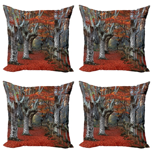 Ambesonne Fall Throw Pillow Cover 4 Pack, Beech Forest Autumn, 18", Grey Red