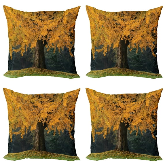 Ambesonne Fall Throw Pillow Cover 4 Pack, Leaves Tree Autumn Season, 24", Earth Yellow Brown