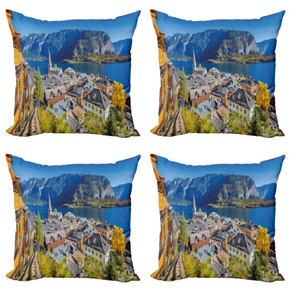 Ambesonne Fall Throw Pillow Cover 4 Pack, Mountain Village Austria, 18", Multicolor