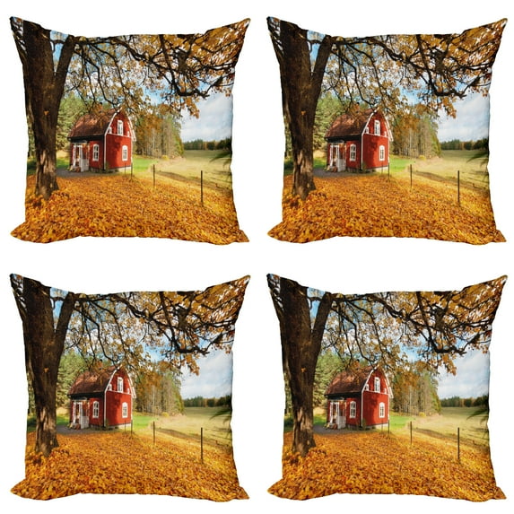 Ambesonne Fall Throw Pillow Cover 4 Pack, Red Swedish Country House, 24", Multicolor