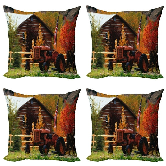 Ambesonne Fall Throw Pillow Cover 4 Pack, Rustic Cabin with Tractor, 24", Multicolor