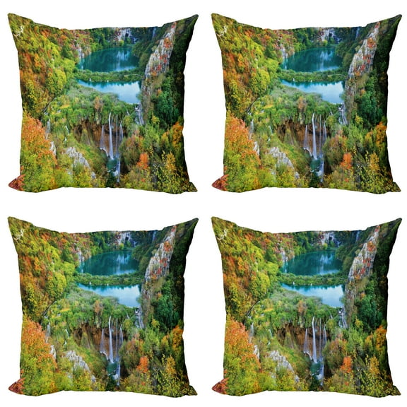Ambesonne Fall Throw Pillow Cover 4 Pack, Scenic Fall Valley Lakes, 18", Green Blue Orange
