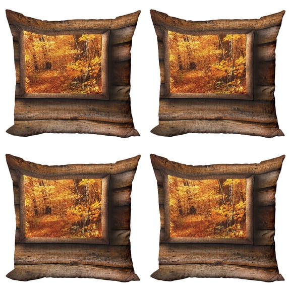 Ambesonne Fall Throw Pillow Cover 4 Pack, View from Rustic Cottage, 18", Orange Brown