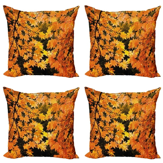 Ambesonne Fall Throw Pillow Cover 4 Pack, Vivid Autumn Maple Leaves, 24", Orange Yellow Brown