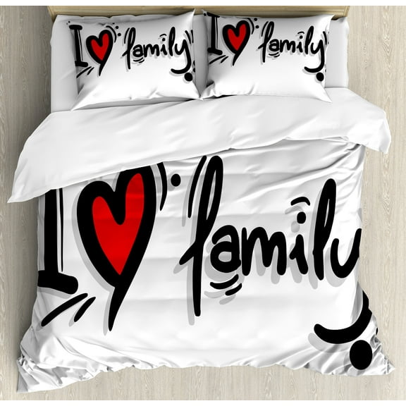 Ambesonne Family Duvet Cover Set, I Heart Family Pictogram, Calking, Black Red White