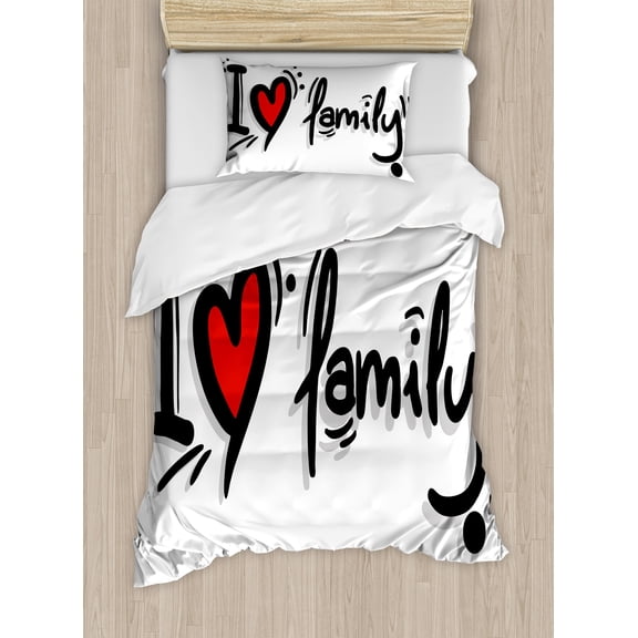 Ambesonne Family Duvet Cover Sets, I Heart Family Pictogram, 2-Twin, Black Red White