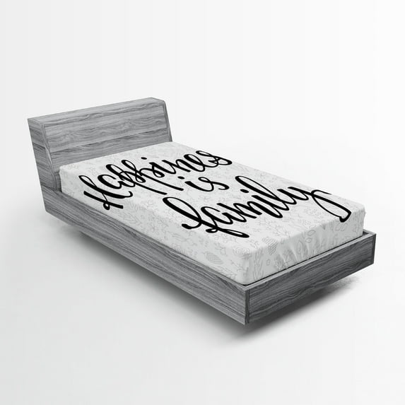 Ambesonne Family Fitted Sheet, Happiness Phrase, Twin Size, Black Grey