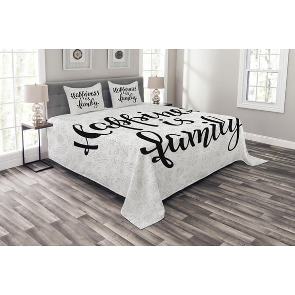 Ambesonne Family Quilted Bedspread Set 3 Pcs, Happiness Phrase, King Size, Black Grey
