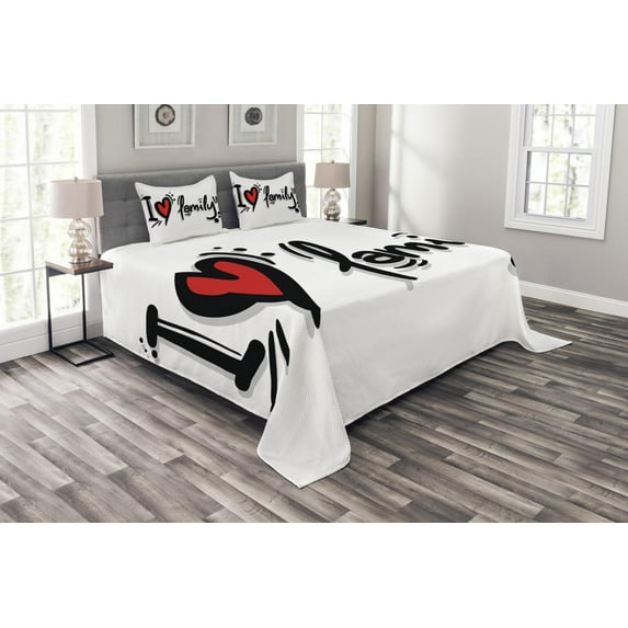 Ambesonne Family Quilted Bedspread Set 3 Pcs, I Heart Family Pictogram, Queen Size, Black Red White