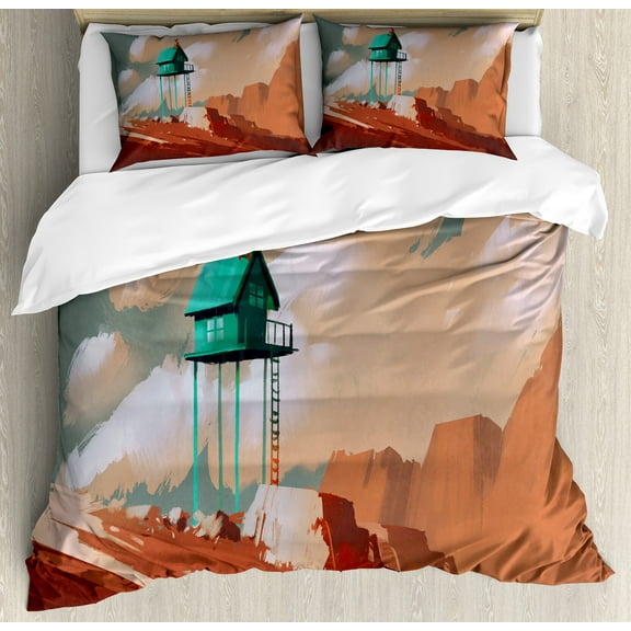 Ambesonne Fantasy Art Duvet Cover Set, Little Wood House, Queen, Tan Green
