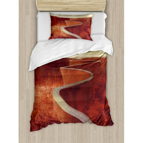 Ambesonne Fantasy Art Duvet Cover Set, Windy Road Clouds, Twin, Dark Orange Cream