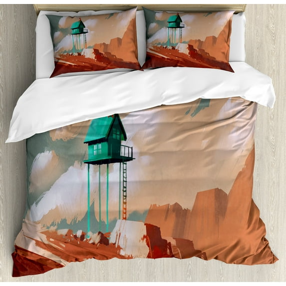 Ambesonne Fantasy Art Duvet Cover Sets, Little Wood House, 2-Queen, Tan Green