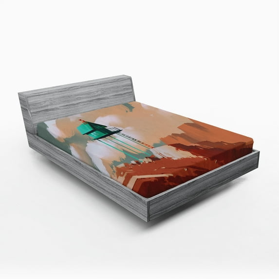 Ambesonne Fantasy Art Fitted Sheet, Little Wood House, Queen Size, Tan Green