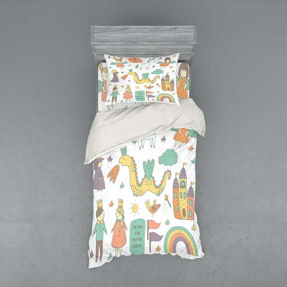 Ambesonne Fantasy Bedding Set 3 Pcs, Doodle Dragon and King, Twin, Multicolor