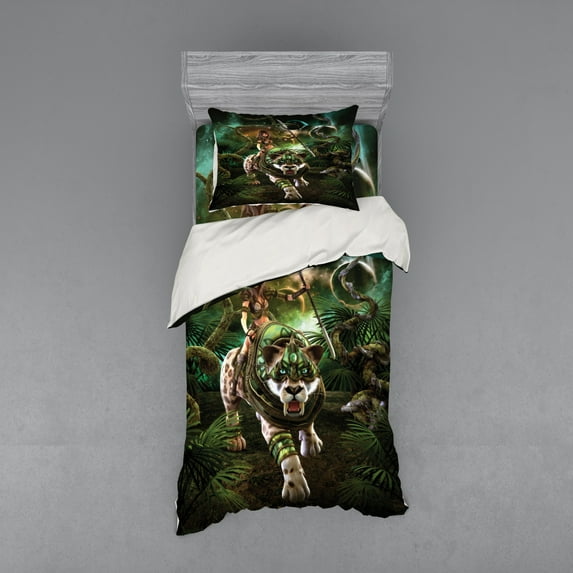 Ambesonne Fantasy Bedding Set 3 Pcs, Fantasy Tiger Galaxy, Twin, Green